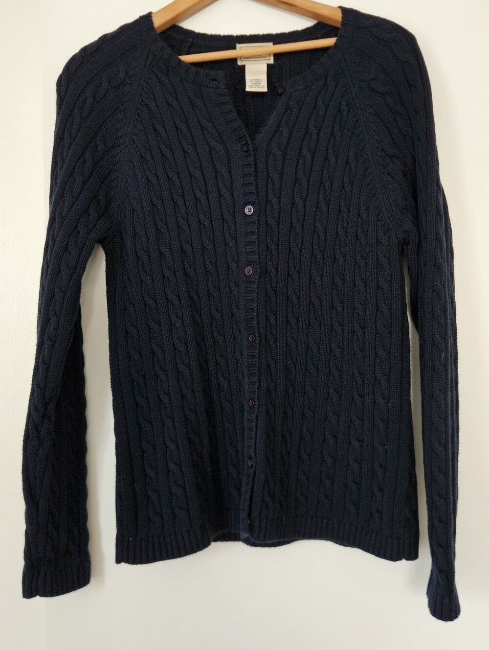 LL Bean Womens Cardigan Sweater L Vtg Cable Knit Fisherman Navy Preppy Academia
